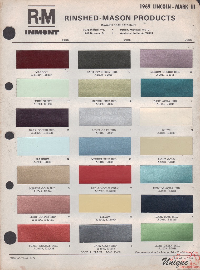1969 Lincoln Paint Charts Rinshed-Mason